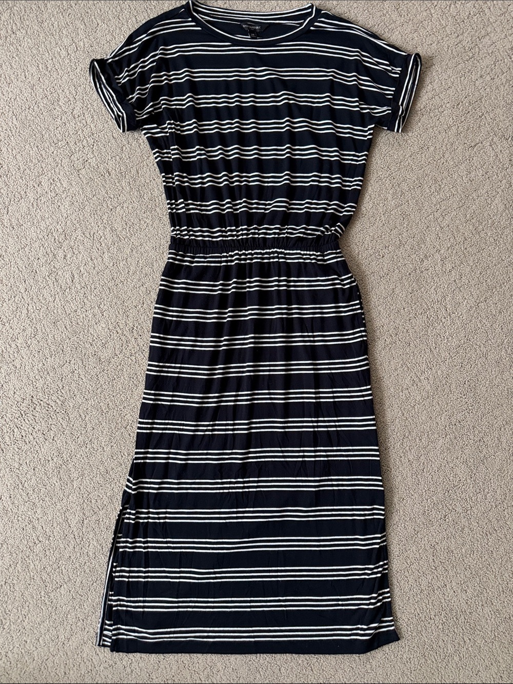 Banana Republic Factory Black & White Striped Midi Dress with Elastic Waist